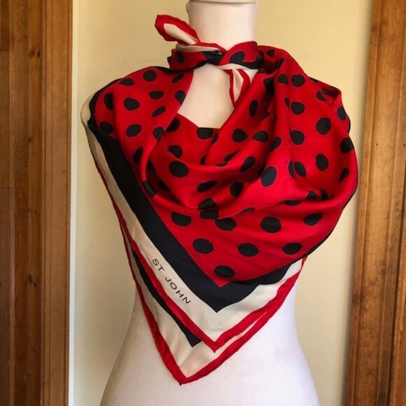 ST. JOHN Red White Blue Polka Dot Square Scarf Vintage Rare - Picture 10 of 16